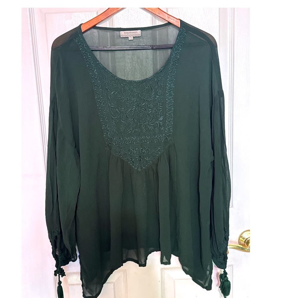 World Market Embroidered Peasant Blouse Womens L/XL Green Tassel Boho Earthy